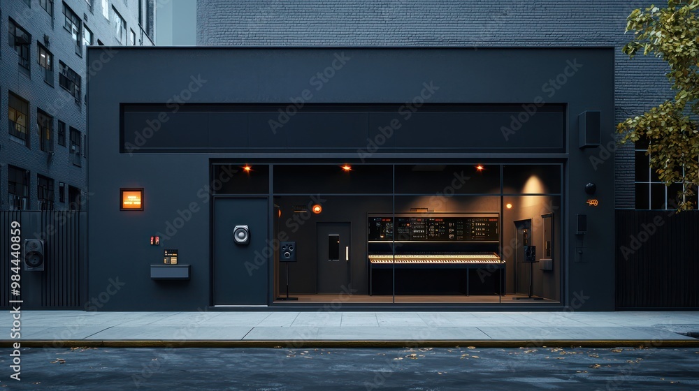 A high-end recording studio with a dark grey exterior, featuring state-of-the-art technology and soundproofing, located in a bustling metropolitan area A high-end recording studio with a dark grey exterior, featuring state-of-the-art technology and soundproofing, located in a bustling metropolitan area