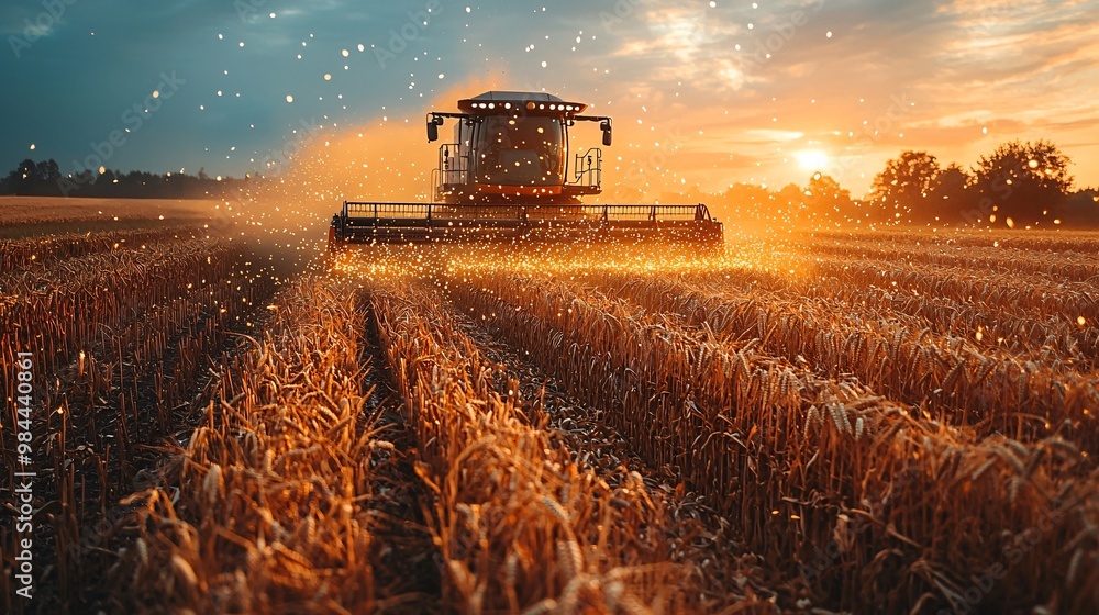 Fototapeta premium An AI-powered combine harvester operating in a field, optimizing the harvest process through advanced algorithms