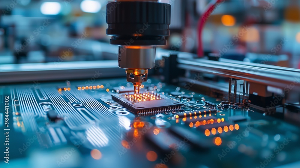 Close-up of a robotic arm soldering components on an integrated circuit board, symbolizing precision and automation in electronics manufacturing. Close-up of a robotic arm soldering components on an integrated circuit board, symbolizing precision and automation in electronics manufacturing.