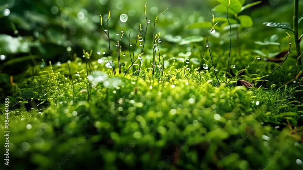 Vibrant green moss covering rocks in a serene forest during a misty morning hike Vibrant green moss covering rocks in a serene forest during a misty morning hike