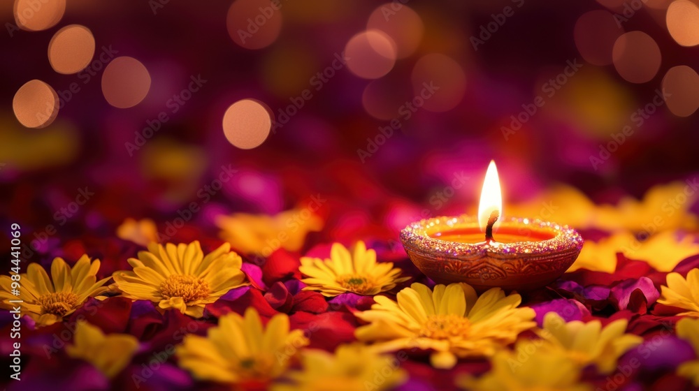 A single diya surrounded by fresh yellow and purple flowers, with glitters and sparkles in air, on a deep red rangoli with intricate designs, low level angle, copy space, happy Diwali background A single diya surrounded by fresh yellow and purple flowers, with glitters and sparkles in air, on a deep red rangoli with intricate designs, low level angle, copy space, happy Diwali background