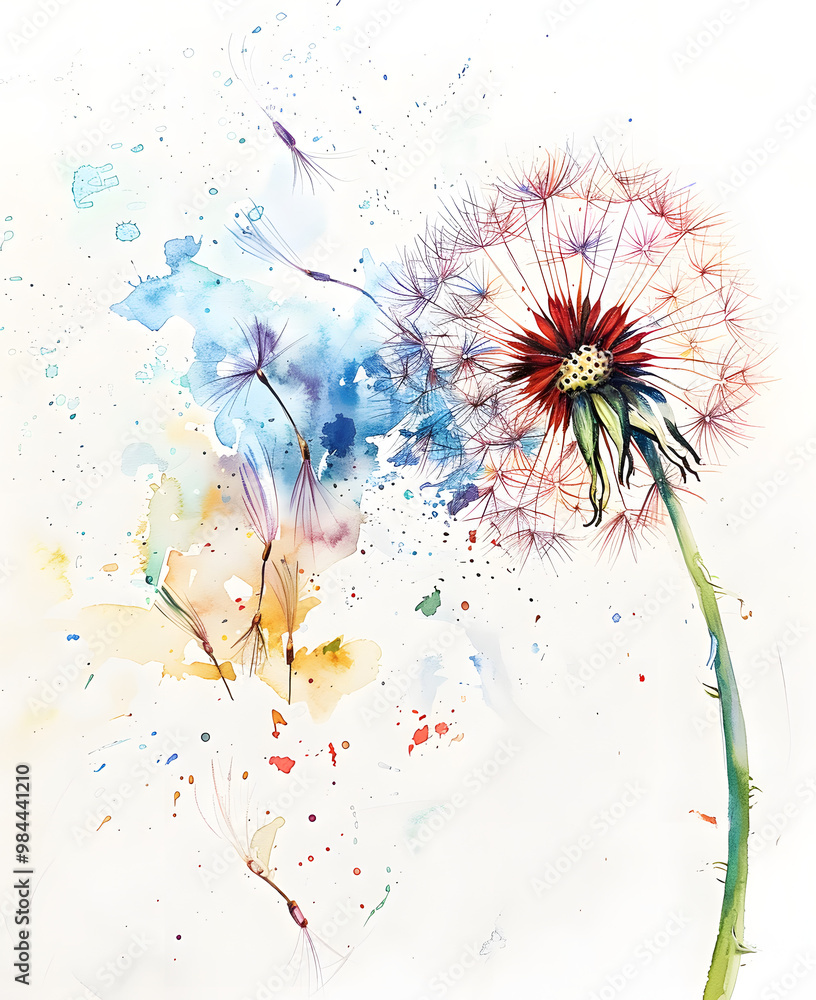 watercolor illustration of dandelions fluttering in the wind close up on a white background