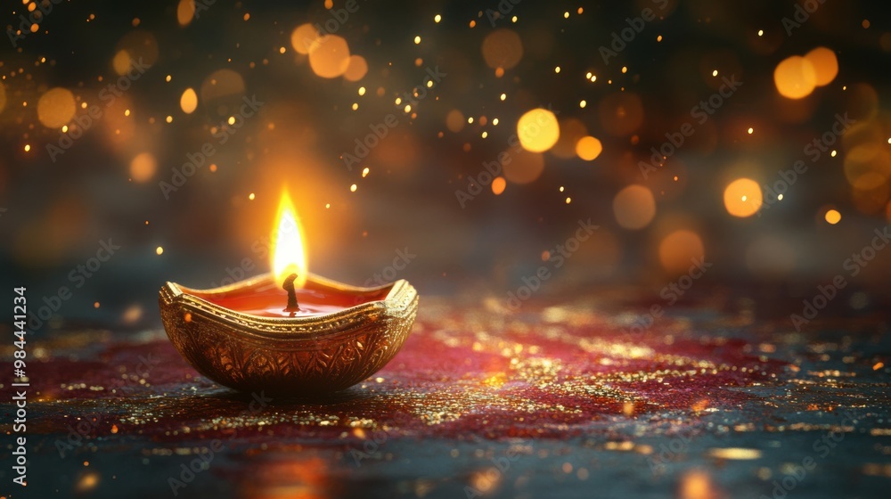 A single diya with a beautiful flame, on a luxurious gold and maroon rangoli with reflective elements, with glitters and sparkles in air, low level angle, copy space, happy Diwali background A single diya with a beautiful flame, on a luxurious gold and maroon rangoli with reflective elements, with glitters and sparkles in air, low level angle, copy space, happy Diwali background