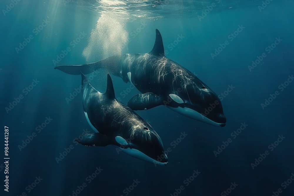 Fototapeta premium an aweinspiring underwater closeup of a baby killer whale swimming alongside its mother capturing the gentle giants curiosity and the bond between parent and calf in the deep blue ocean