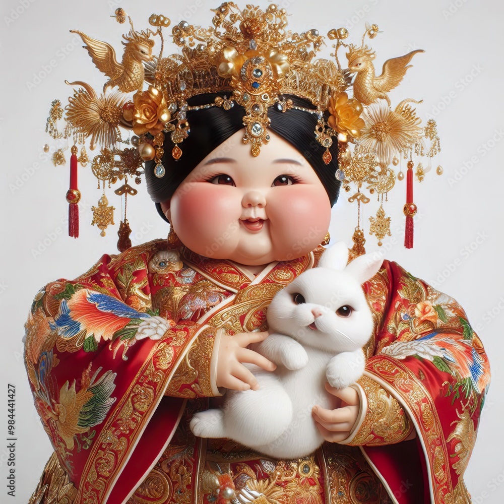 A chubby Asian caricature woman in luxurious traditional Chinese attire holds a white rabbit, wearing a golden jeweled headdress A chubby Asian caricature woman in luxurious traditional Chinese attire holds a white rabbit, wearing a golden jeweled headdress