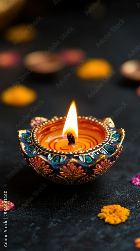 A single diya with intricate floral designs and small decorative gifts, on a luxurious black surface, low level angle, copy space, happy Diwali background, traditional, Indian festival A single diya with intricate floral designs and small decorative gifts, on a luxurious black surface, low level angle, copy space, happy Diwali background, traditional, Indian festival