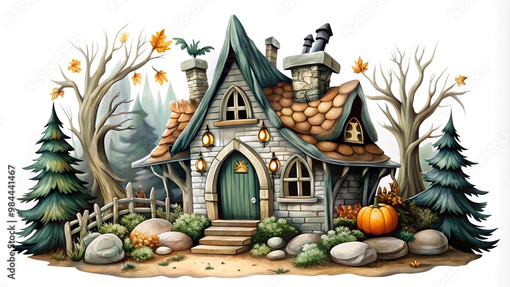 Fototapeta premium Charming Stone Cottage Nestled in Vibrant Autumn Foliage with Rustic Pumpkin Decor