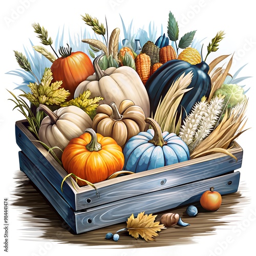 Wooden crate brimming with colorful autumn harvest vegetables representing abundance photo