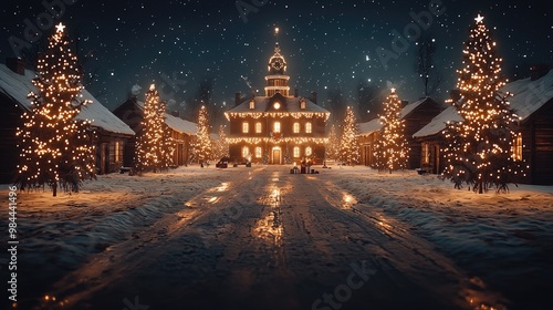 A mystical forest scene where woodland animals like deer, foxes, and rabbits gather around a beautifully decorated tree in the clearing, twinkling fairy lights strung from the trees