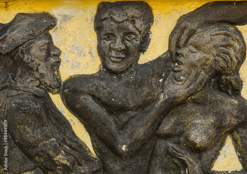 Benin, West Africa, Ouidah, the memorial zomachi on the slave trail showing a merchant selling a slave