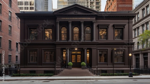 A high-profile law firm with a dark brown exterior, set in a restored historic building, combining old-world charm with modern legal prowess in the city center