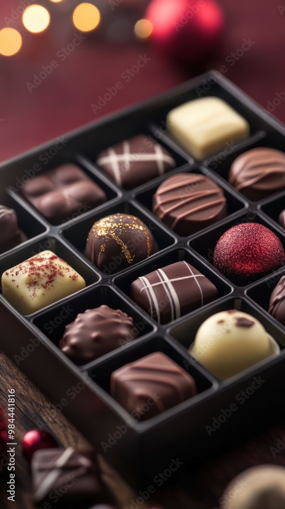 Assorted chocolates in a gift box, resting on a wooden table with a deep maroon background and soft holiday bokeh, copy space, Merry Christmas background, holiday gift promo, festive candy display Assorted chocolates in a gift box, resting on a wooden table with a deep maroon background and soft holiday bokeh, copy space, Merry Christmas background, holiday gift promo, festive candy display