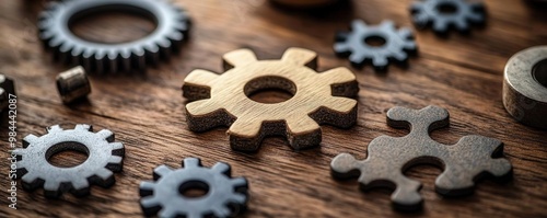 Close-up of metallic gears on a wooden surface, showcasing intricate details and textures for design or industrial themes. photo