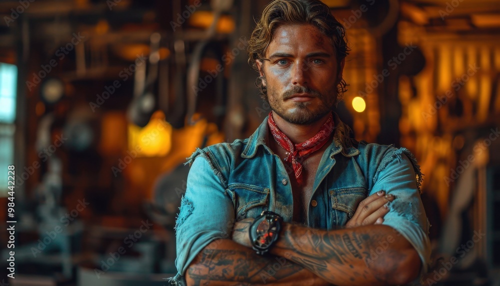 A bearded man in a bandana and denim shirt stands in a garage A bearded man in a bandana and denim shirt stands in a garage