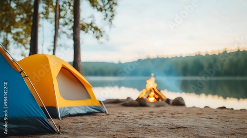 Tranquil Spring Break Camping by the Lake - Tents Under Stars and Bonfire Gatherings Amidst Blooming Nature for Relaxing Getaways and Outdoor Adventures photo