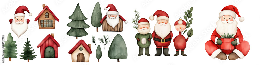 Festive Santa Claus characters surrounded by Christmas trees and houses, perfect for holiday designs. Festive Santa Claus characters surrounded by Christmas trees and houses, perfect for holiday designs.