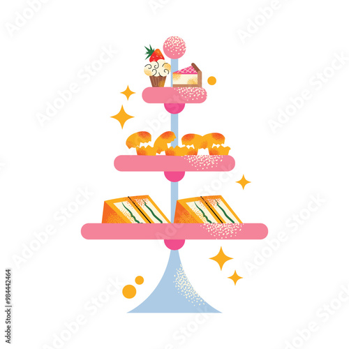 British cuisine breakfast and afternoon tea stand food icon. Scones with jam, pie, cupcake, cakes and sandwich.  Tea time elements. Tea Party Invitation. Vector illustration isolated on background