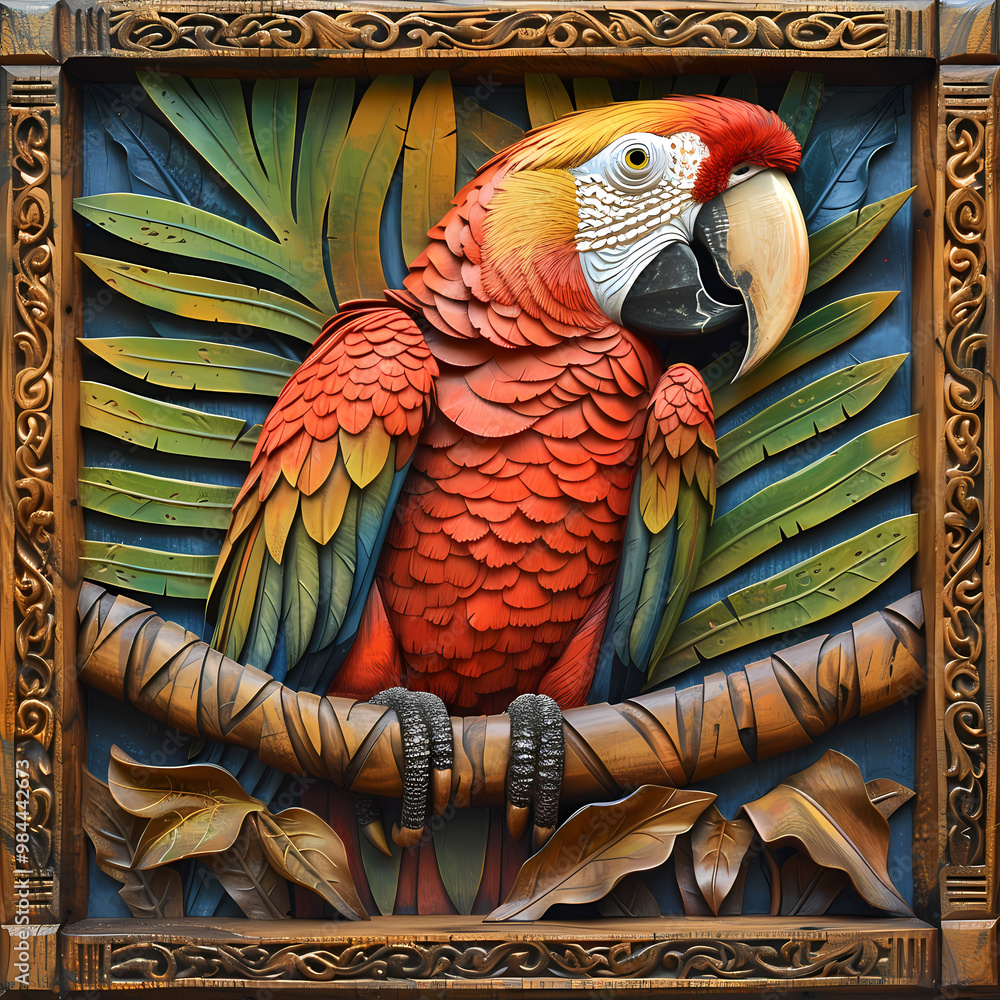 Fototapeta premium Wood carving 3D image of Scarlet Macaw in frame with depth map