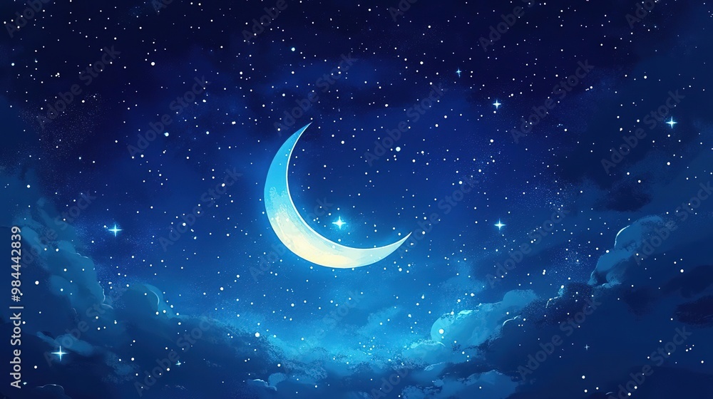 A serene night sky adorned with a glowing crescent moon and sparkling stars, creating a peaceful and enchanting atmosphere. A serene night sky adorned with a glowing crescent moon and sparkling stars, creating a peaceful and enchanting atmosphere.