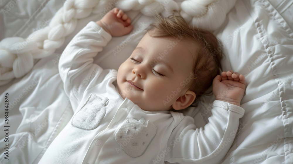 Serene sleeping Caucasian baby in white. Generative AI image Serene sleeping Caucasian baby in white. Generative AI image