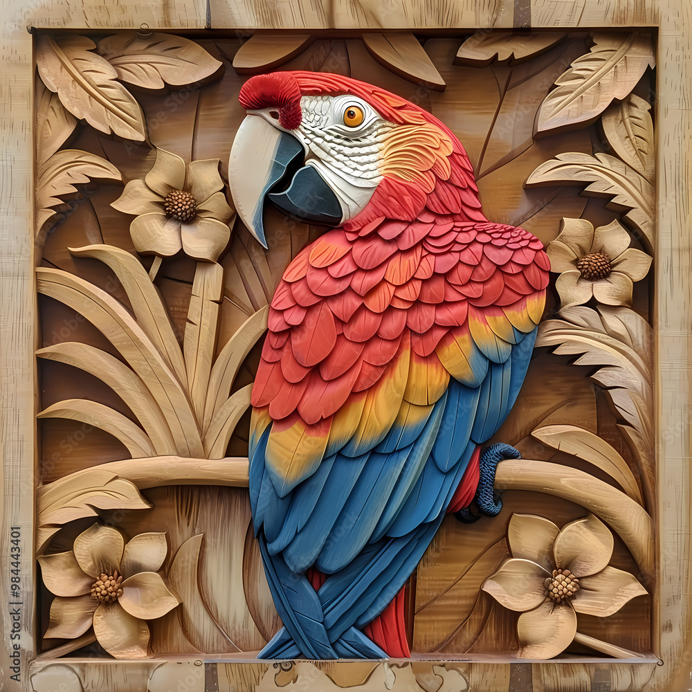 Fototapeta premium Wood carving 3D image of Scarlet Macaw in frame with depth map