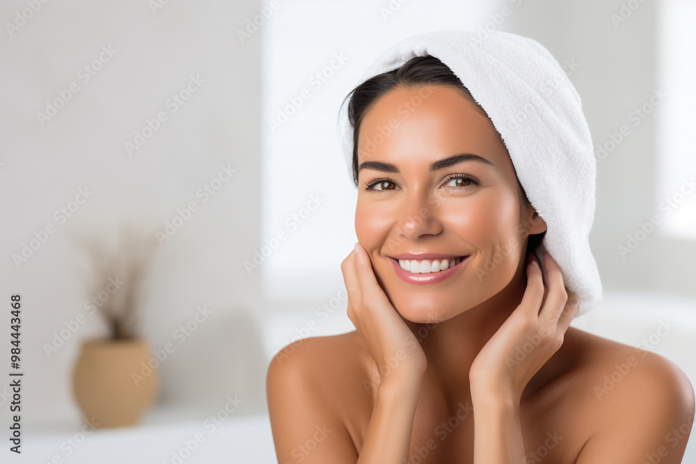 Radiant woman with towel after shower in a spa setting. Generative AI image Radiant woman with towel after shower in a spa setting. Generative AI image