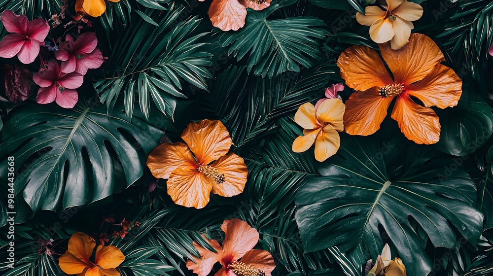 Fototapeta premium seamless texture Tropical flowers and greenery in an intricate wallpaper design for a rich ambiance.