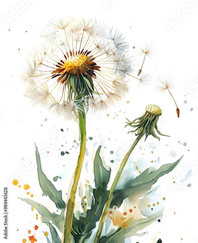 watercolor illustration of dandelions fluttering in the wind close up on a white background