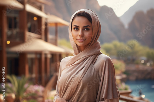 Elegant Muslim woman in hijab at scenic mountain resort. Generative AI image photo