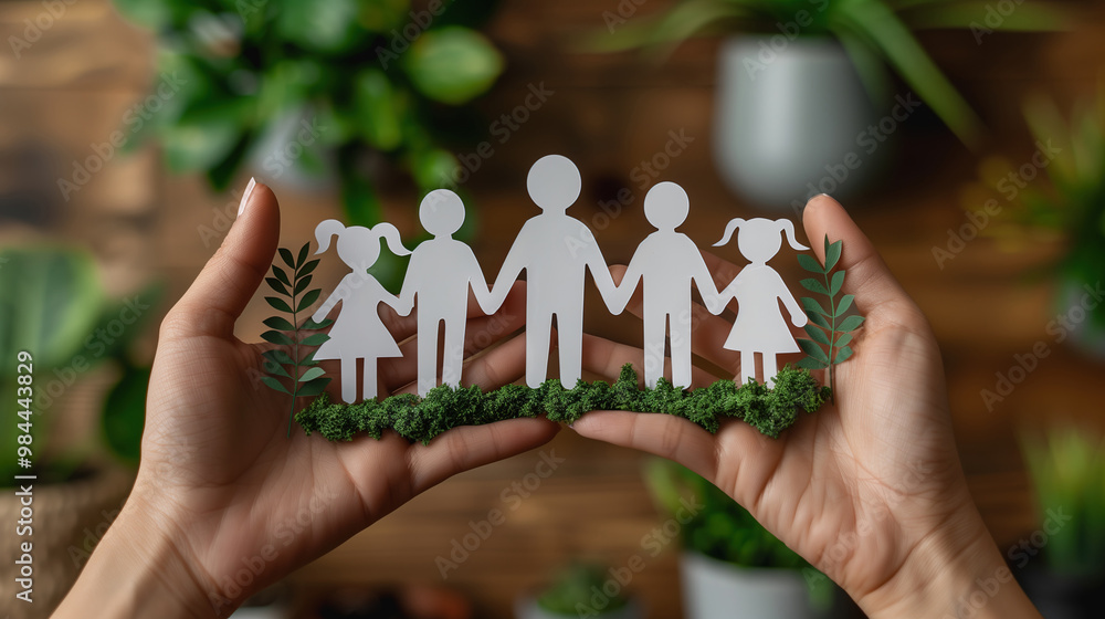 Paper cutout of family held over greenery. Generative AI image Paper cutout of family held over greenery. Generative AI image