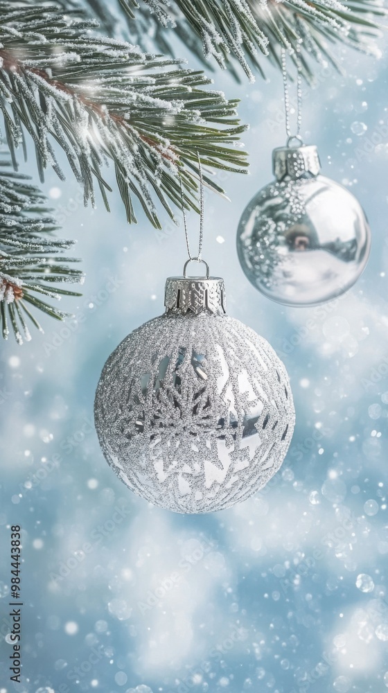 Sparkling silver ornaments hanging from a pine branch, on a frosty blue background with snowflake patterns, copy space, Merry Christmas background, winter decor, holiday greeting card Sparkling silver ornaments hanging from a pine branch, on a frosty blue background with snowflake patterns, copy space, Merry Christmas background, winter decor, holiday greeting card