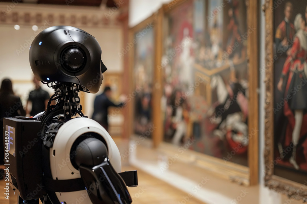 Robotic camera recording in an art museum gallery. Generative AI image Robotic camera recording in an art museum gallery. Generative AI image