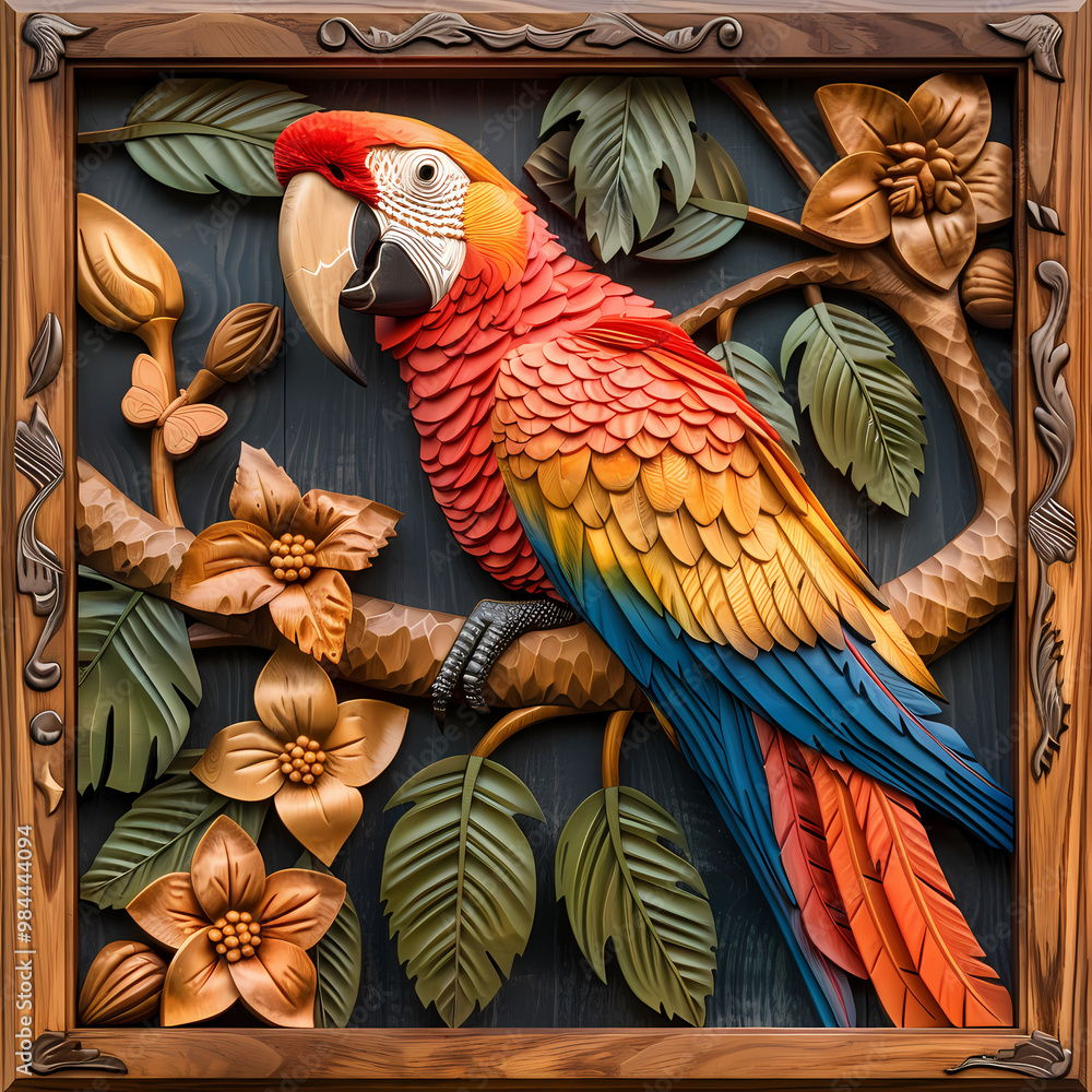 Fototapeta premium Wood carving 3D image of Scarlet Macaw in frame with depth map