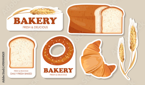 Set of bakery stickers. Croissants, slices of bread and donut. Homemade pastry food and eating. Dessert and delicacy. Tasty snack. Linear vector collection