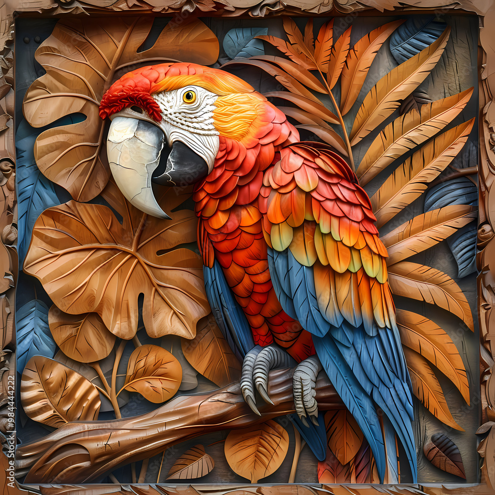 Fototapeta premium Wood carving 3D image of Scarlet Macaw in frame with depth map
