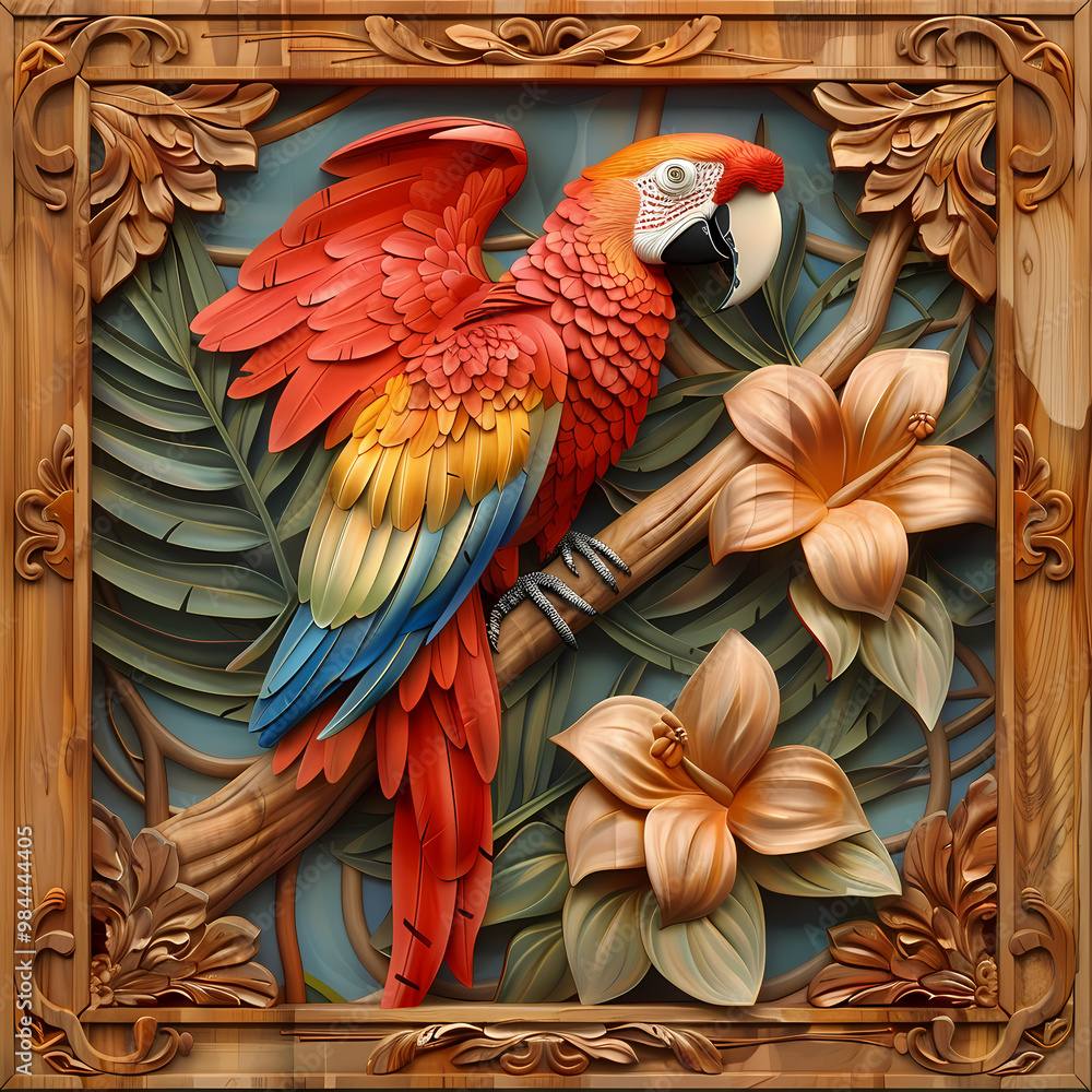 Fototapeta premium Wood carving 3D image of Scarlet Macaw in frame with depth map