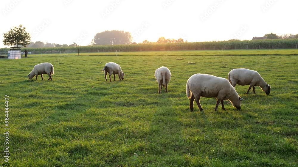 Grazing sheep in a serene pasture during a beautiful sunrise in the countryside Grazing sheep in a serene pasture during a beautiful sunrise in the countryside