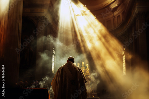 Solemn church interior with sunlight and priest. Generative AI image photo