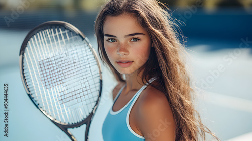 Young Woman Holding Tennis Racket on Court, Athletic Pose