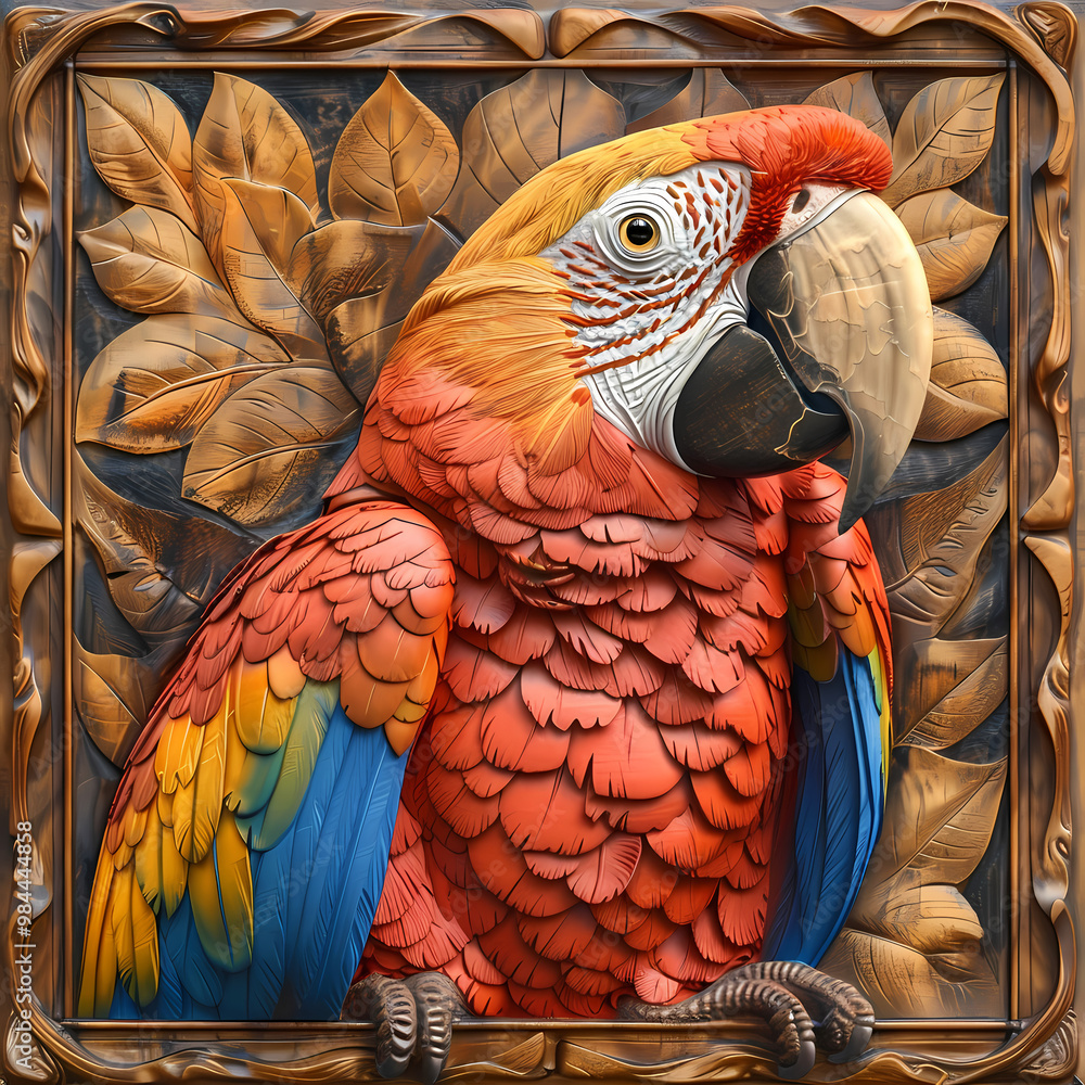 Fototapeta premium Wood carving 3D image of Scarlet Macaw in frame with depth map