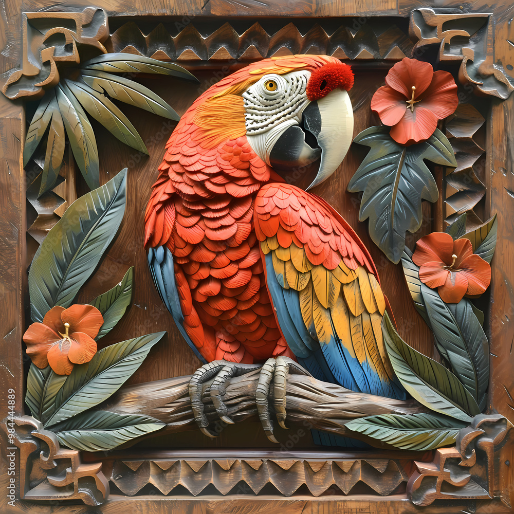 Fototapeta premium Wood carving 3D image of Scarlet Macaw in frame with depth map
