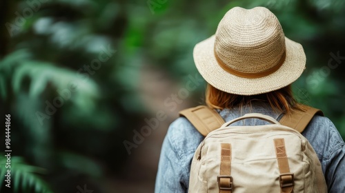 A person walking through a lush jungle path, seen from behind, wearing a straw hat and a beige backpack, evoking a sense of adventure and exploration in nature.