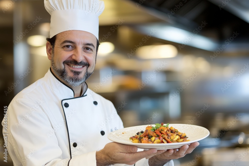 A smiling chef in a white uniform and hat proudly presents a plate of colorful, meticulously arranged food, showcasing culinary expertise in a professional kitchen setting. A smiling chef in a white uniform and hat proudly presents a plate of colorful, meticulously arranged food, showcasing culinary expertise in a professional kitchen setting.