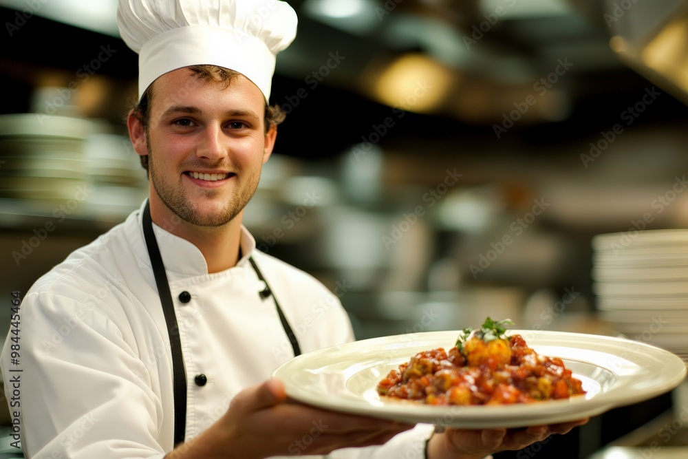 A smiling chef in a professional kitchen presents a freshly prepared, delicious-looking dish arranged on a large plate, highlighting his culinary skills and creativity.