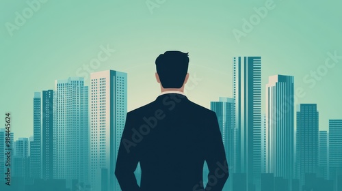 Businessman looking at a modern city skyline, minimalist style.