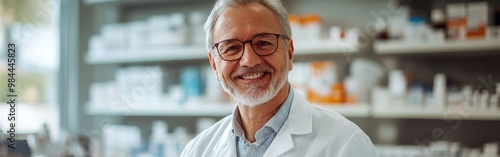 Smiling elderly pharmacist holding a tablet in a modern pharmacy