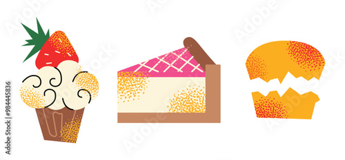 British cuisine breakfast and afternoon tea stand food icon. Scones with jam, pie, cupcake, cakes and sandwich.  Tea time elements. Tea Party Invitation. Vector illustration isolated on background