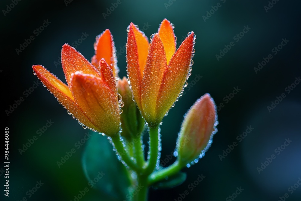Obraz premium Macro photograph of vividly colored orange flowers covered in morning dew drops, showcasing intricate details and delicate nature in a soft, blurred background.