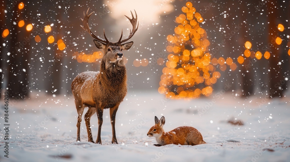 A mystical forest scene where woodland animals like deer, foxes, and rabbits gather around a beautifully decorated tree in the clearing, twinkling fairy lights strung from the trees A mystical forest scene where woodland animals like deer, foxes, and rabbits gather around a beautifully decorated tree in the clearing, twinkling fairy lights strung from the trees