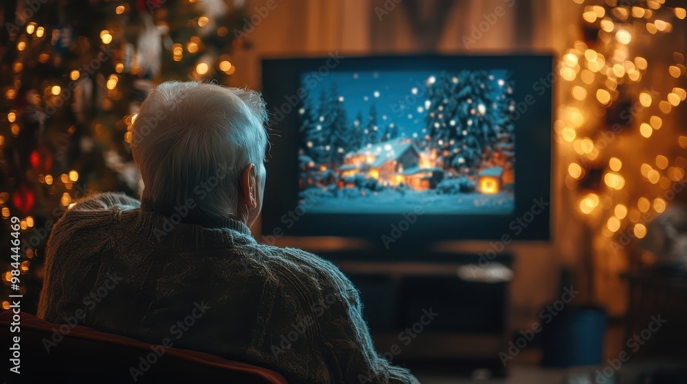 Elderly man enjoying a holiday movie by the Christmas tree.